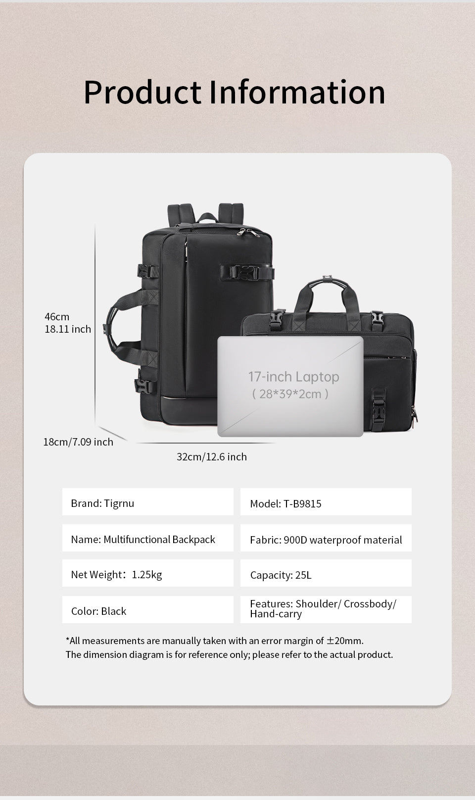 Tigernu High Quality Customizable Large Capacity Layered Storage Crossbody 17 Inches Waterproof Stylish Daily Commuting Backpack
