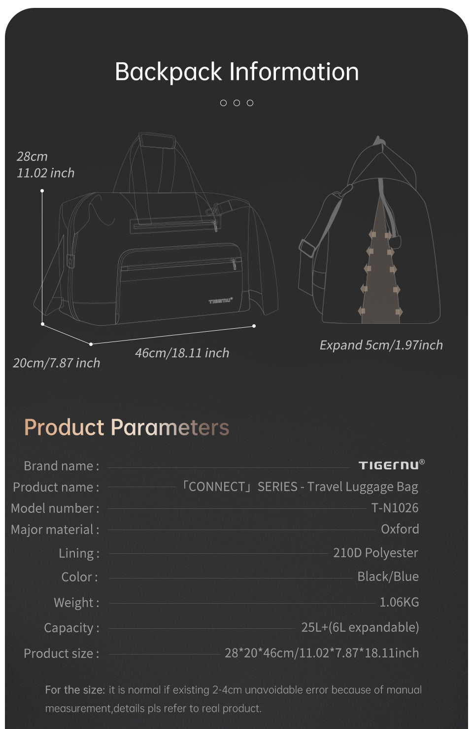 Tigernu fashion expand larger capacity waterproof luggage business travelling bag for outdoor