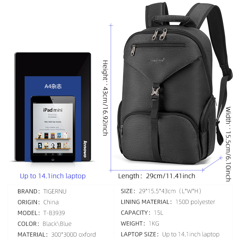 Tigernu Smart Storage Multicolor Backpack 14inch Ergonomic Waterproof Men's Outdoor Bag Men's Backpacks Backpack for Men
