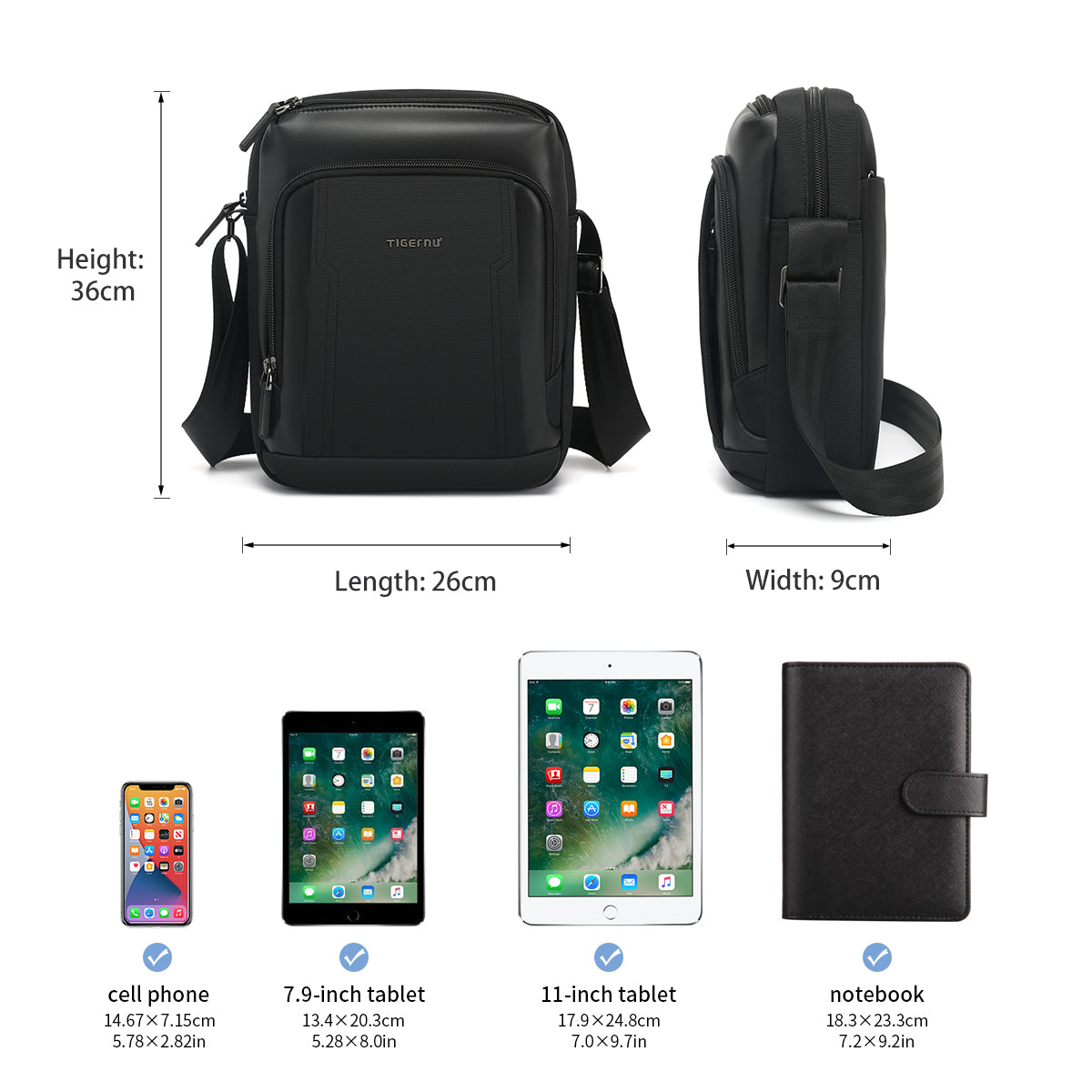 TIGERNU Men's Multifunctional Nylon Laptop Shoulder Sling Bag 9.7inches Fashionable Multi-Pocket Storage for Commuting
