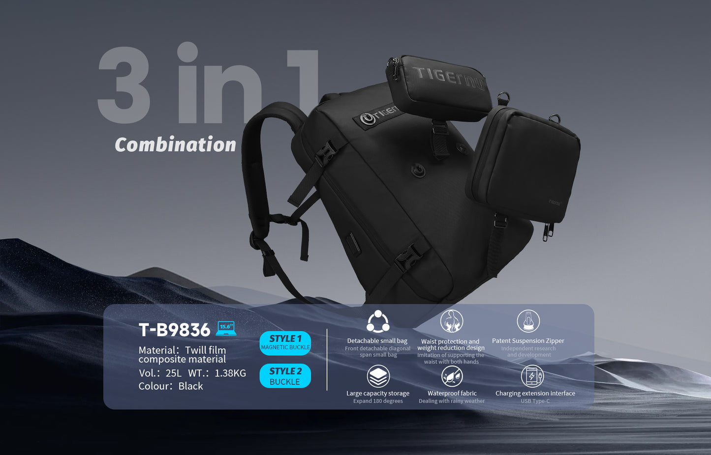 Tigernu Multi Functional Expansion Compartment, USB Waterproof and Breathable Honeycomb Back Panel, Nylon 3-in-1 Detachable Travel Bag