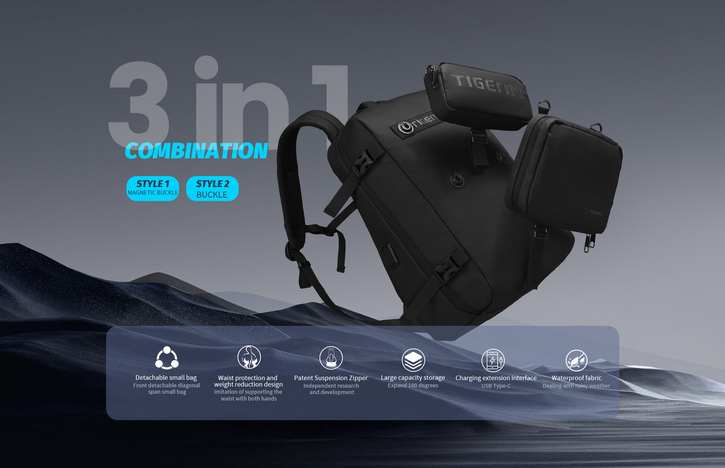 Tigernu Multi Functional Expansion Compartment, USB Waterproof and Breathable Honeycomb Back Panel, Nylon 3-in-1 Detachable Travel Bag