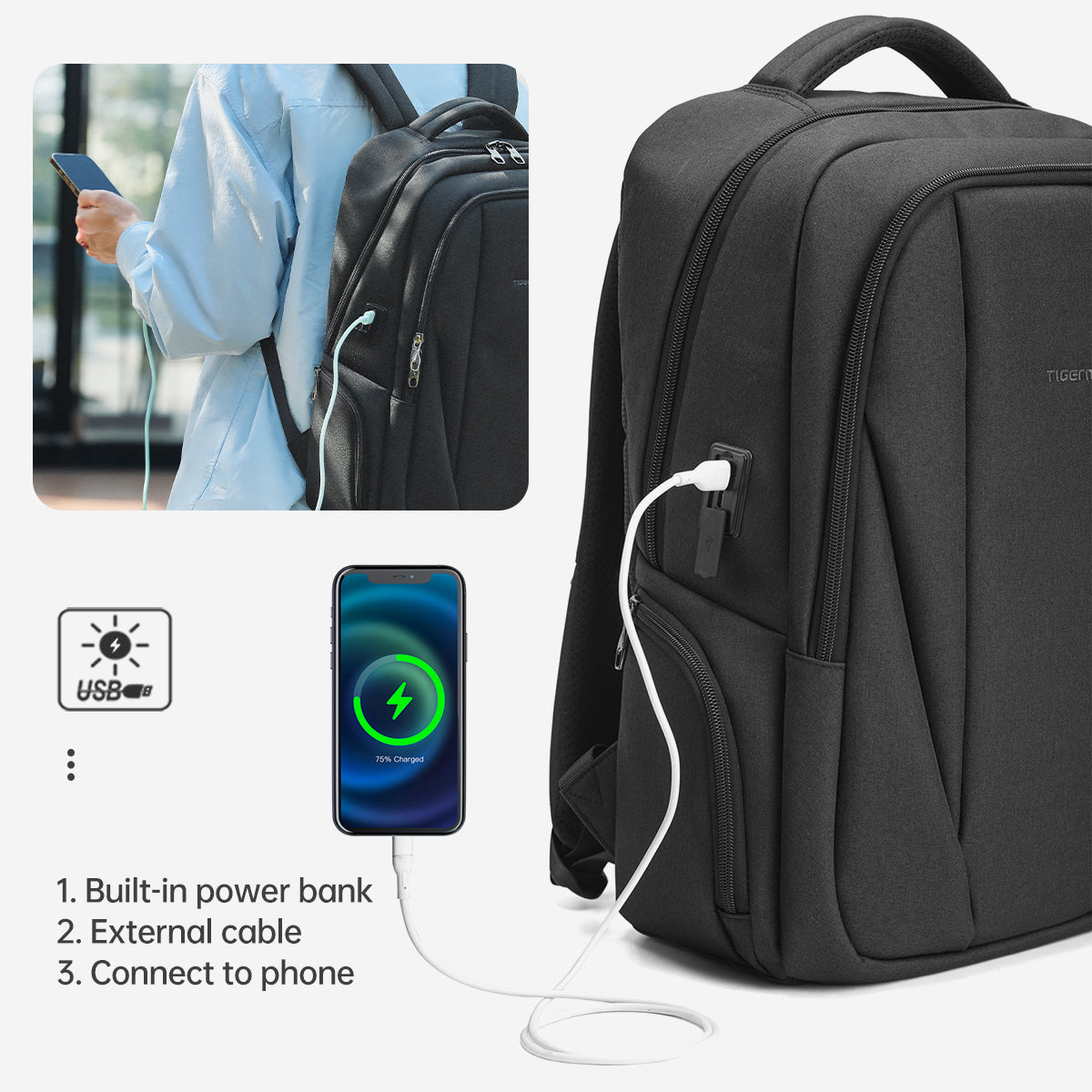 Tigernu High Quality Wholesale 15.6 Inch Computer Compartment Nylon USB Breathable Lightweight Waterproof Outdoor Travel Bag