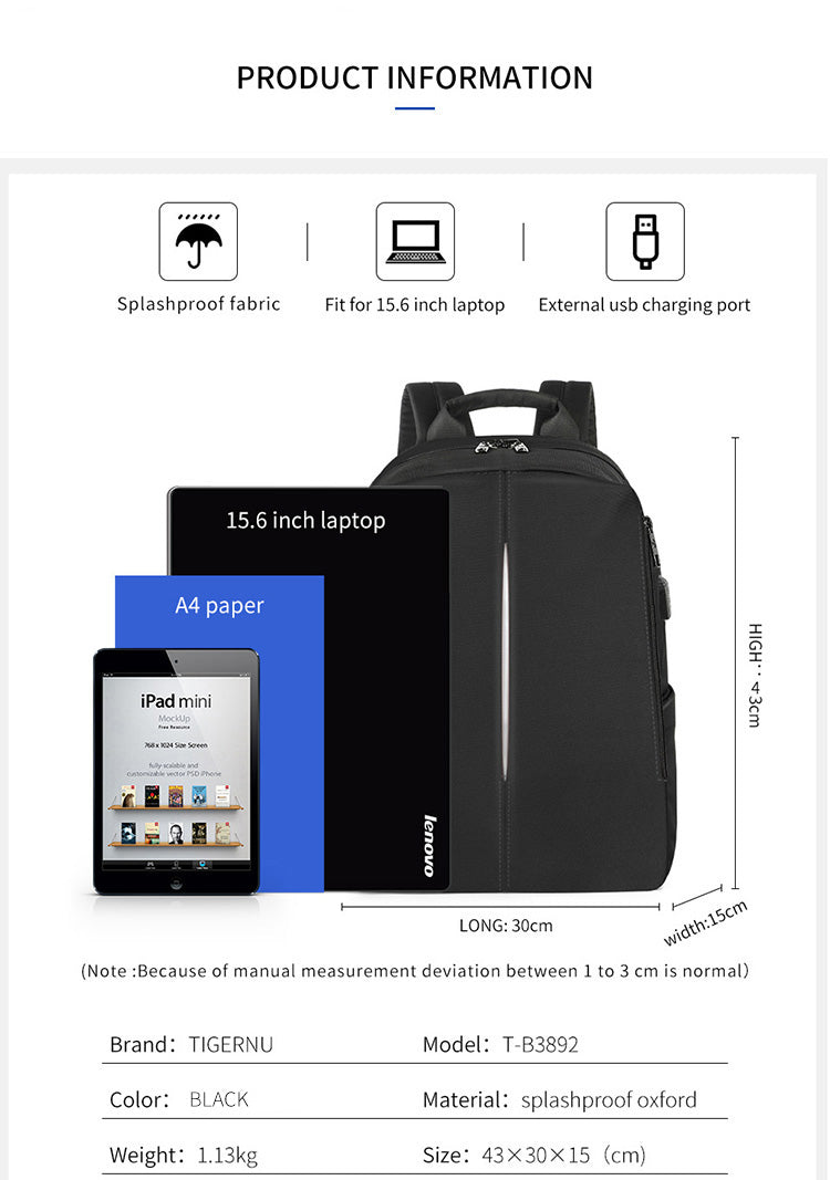 Tigernu Mens Backpack Bag Fit 15.6 Inch Laptop USB Recharging Travel Male Bag Anti-thief Student Bag