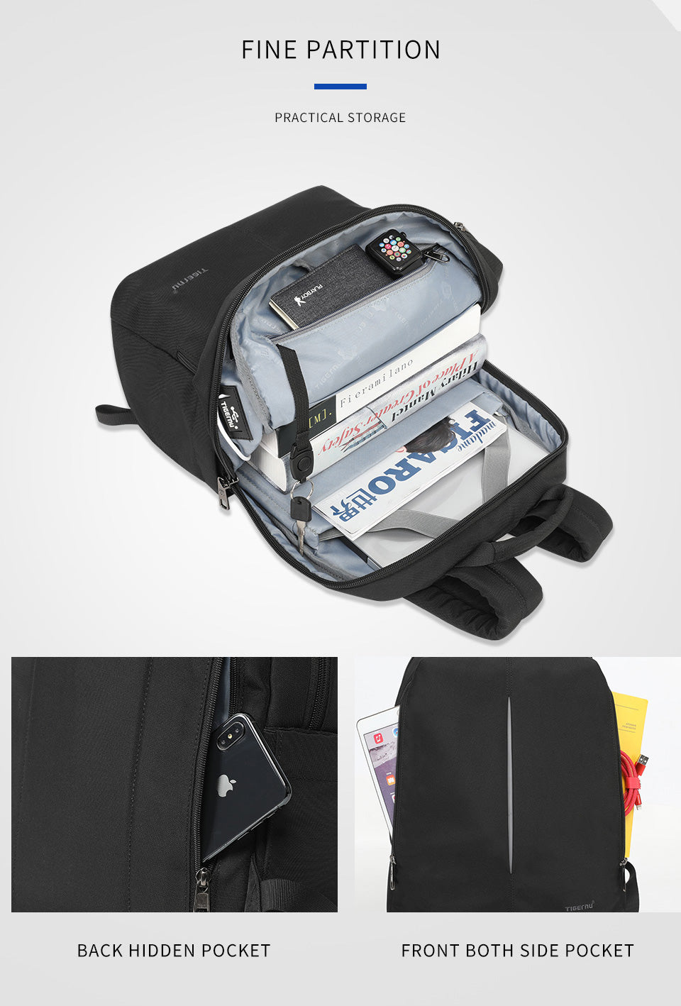 Tigernu Mens Backpack Bag Fit 15.6 Inch Laptop USB Recharging Travel Male Bag Anti-thief Student Bag