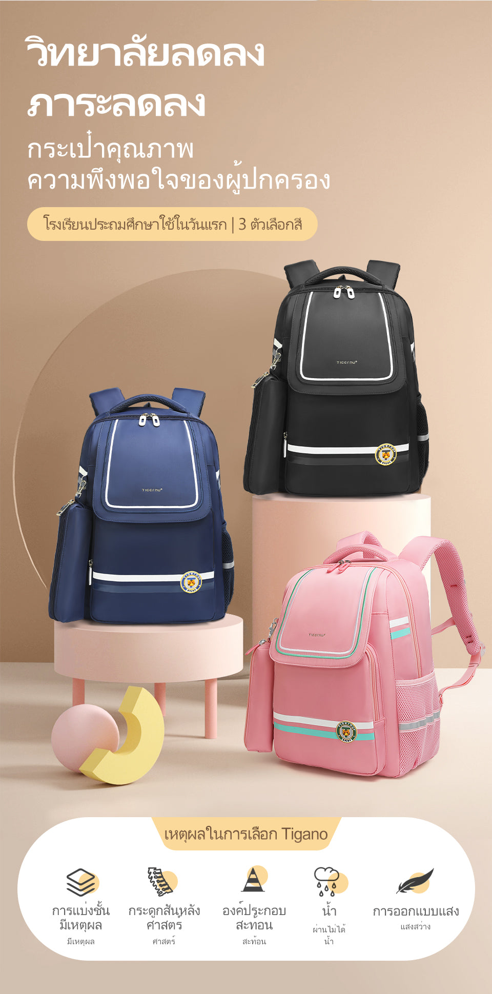 Tigernu High Quality Lightweight Waterproof Student Backpack Large Capacity Oxford Spine Protection Zipper Breathable Safe for Campus