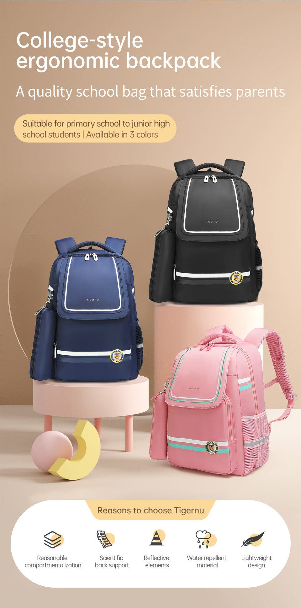 Tigernu High Quality Lightweight Waterproof Student Backpack Large Capacity Oxford Spine Protection Zipper Breathable Safe for Campus