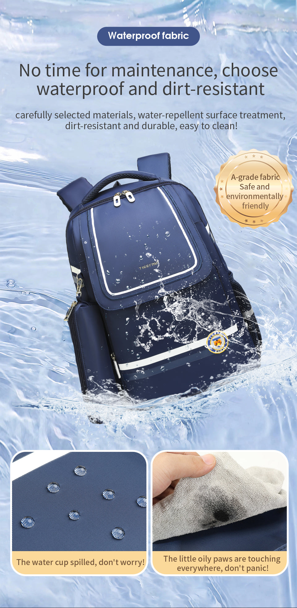 Tigernu High Quality Lightweight Waterproof Student Backpack Large Capacity Oxford Spine Protection Zipper Breathable Safe for Campus