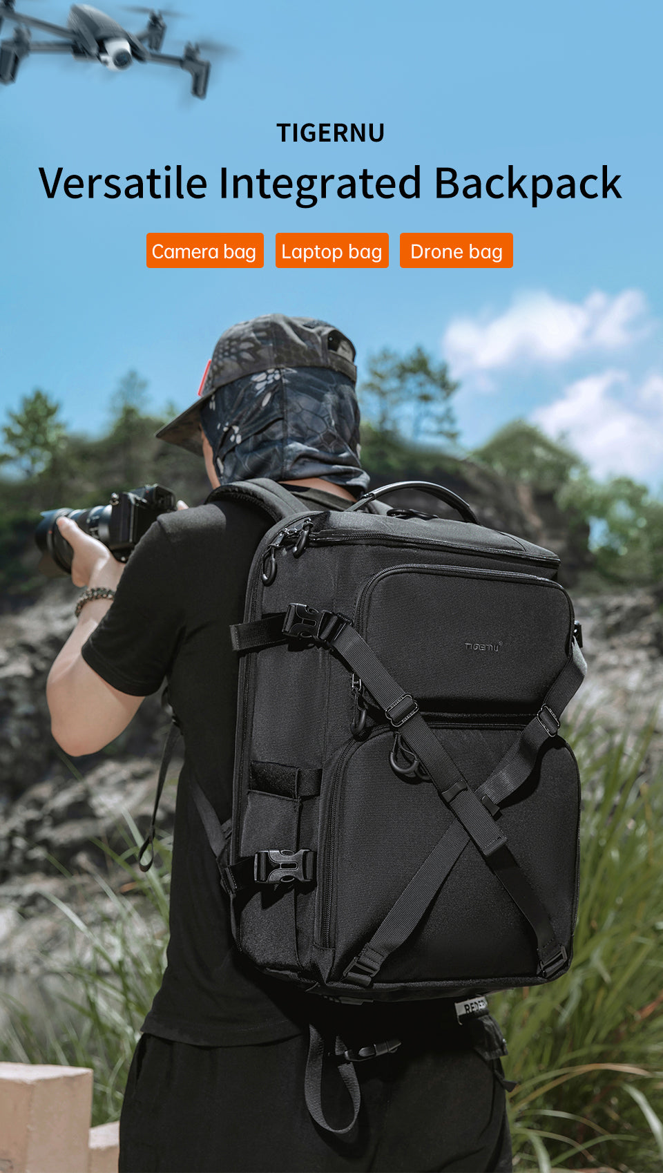 Tigernu Outdoor Waterproof Rain Cover Multifunctional Professional Tripod Holder Large Camera Backpack With Laptop Compartment