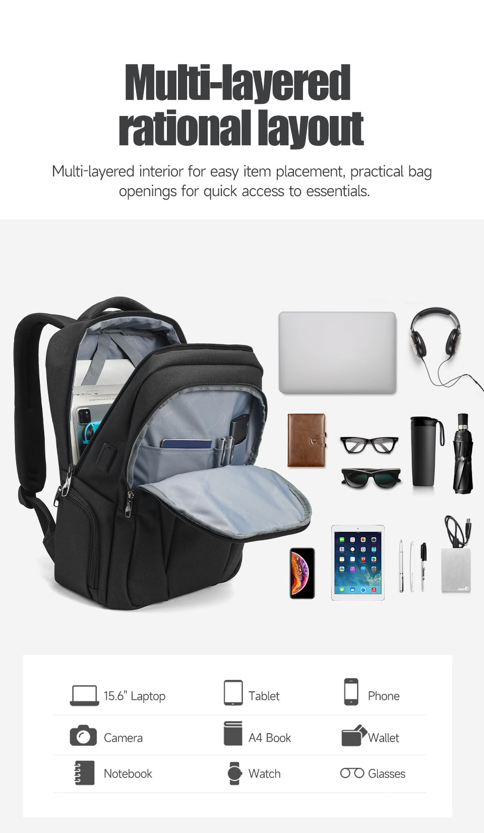 Tigernu High Quality Wholesale 15.6 Inch Computer Compartment Nylon USB Breathable Lightweight Waterproof Outdoor Travel Bag