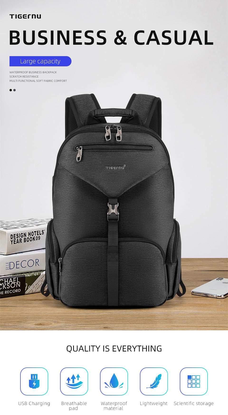 Tigernu Smart Storage Multicolor Backpack 14inch Ergonomic Waterproof Men's Outdoor Bag Men's Backpacks Backpack for Men