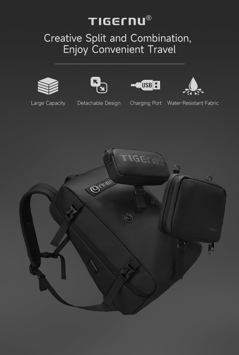 Tigernu Multi Functional Expansion Compartment, USB Waterproof and Breathable Honeycomb Back Panel, Nylon 3-in-1 Detachable Travel Bag