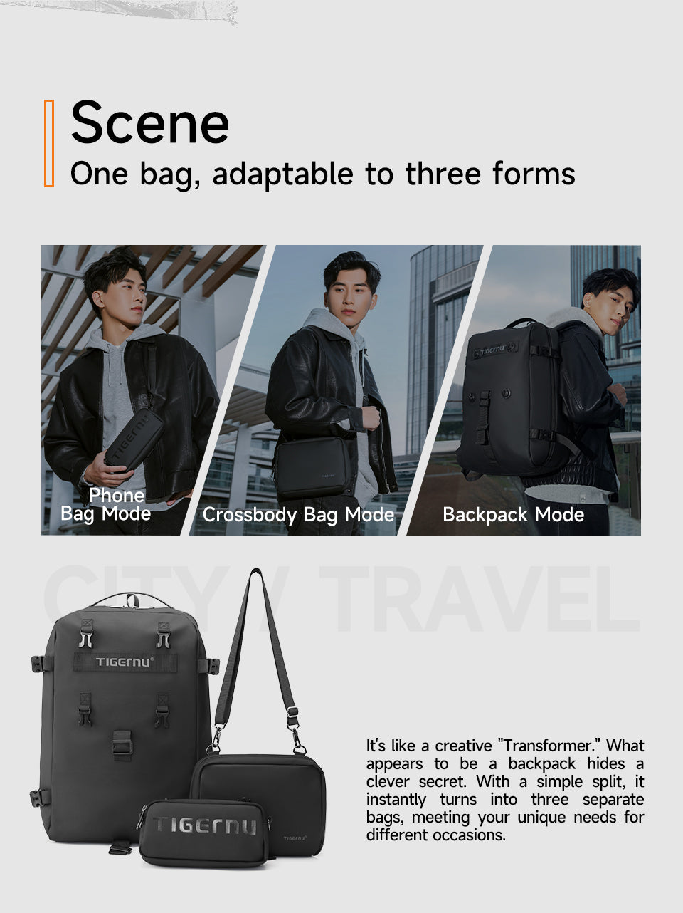 Tigernu Multi Functional Expansion Compartment, USB Waterproof and Breathable Honeycomb Back Panel, Nylon 3-in-1 Detachable Travel Bag