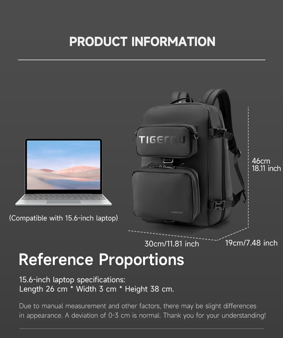 Tigernu Multi Functional Expansion Compartment, USB Waterproof and Breathable Honeycomb Back Panel, Nylon 3-in-1 Detachable Travel Bag