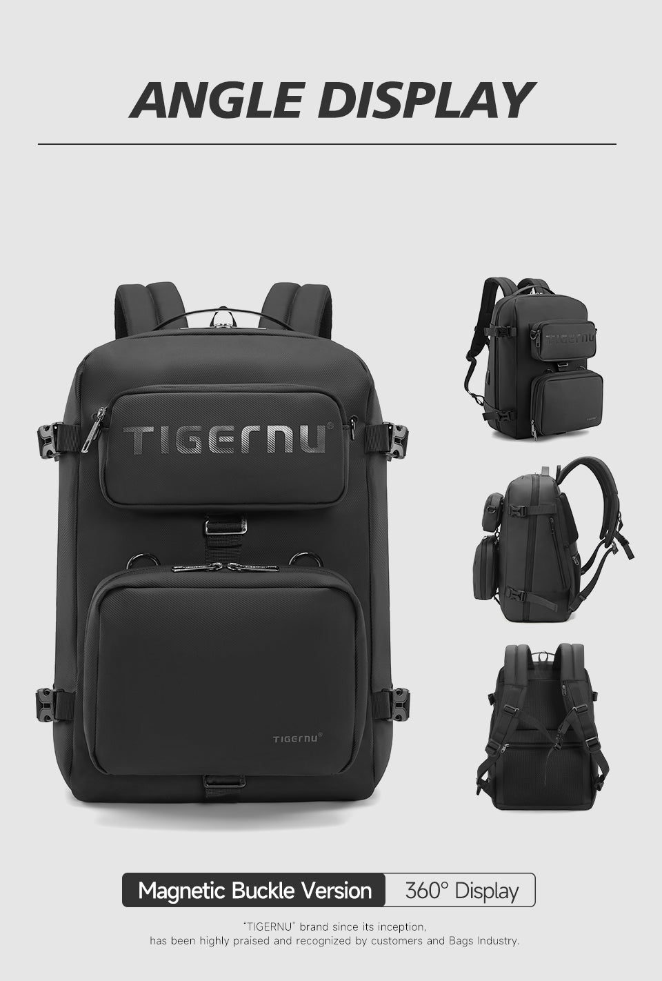 Tigernu Multi Functional Expansion Compartment, USB Waterproof and Breathable Honeycomb Back Panel, Nylon 3-in-1 Detachable Travel Bag