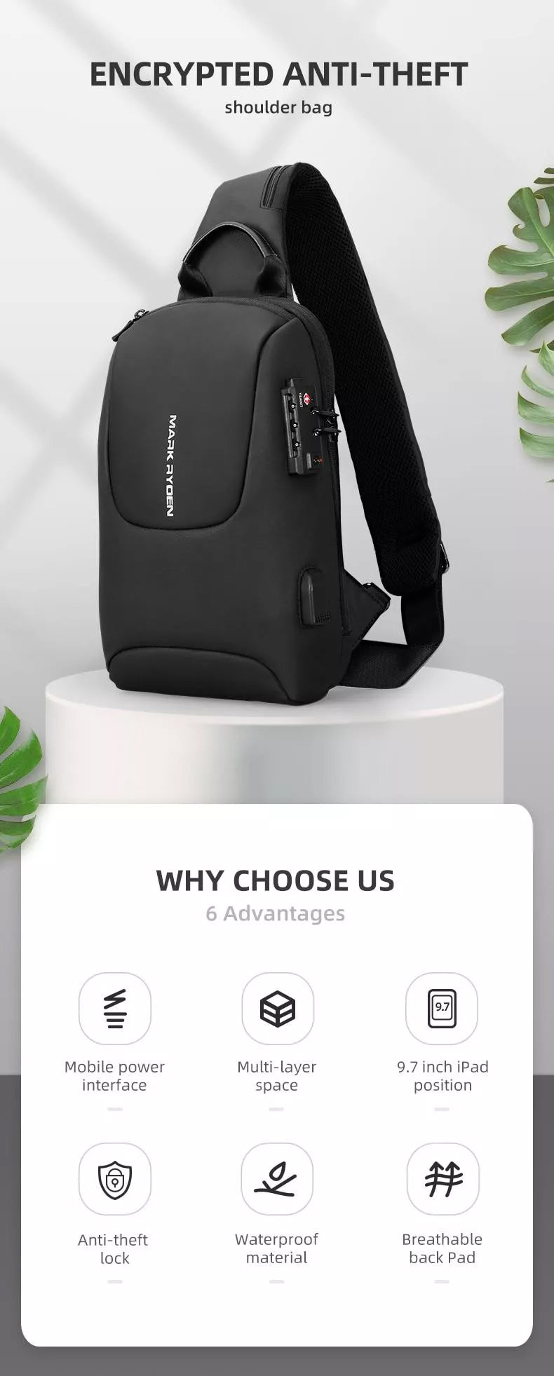 Mark Ryden New Custom Anti-theft School Business Usb Charging Shoulder Bag Men Chest Sling Bag