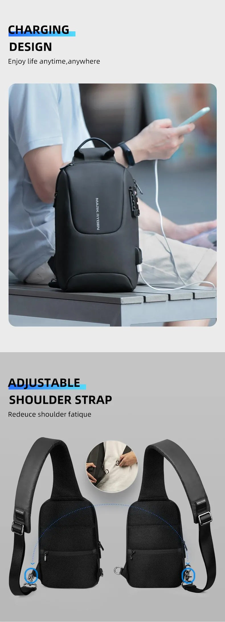 Mark Ryden New Custom Anti-theft School Business Usb Charging Shoulder Bag Men Chest Sling Bag