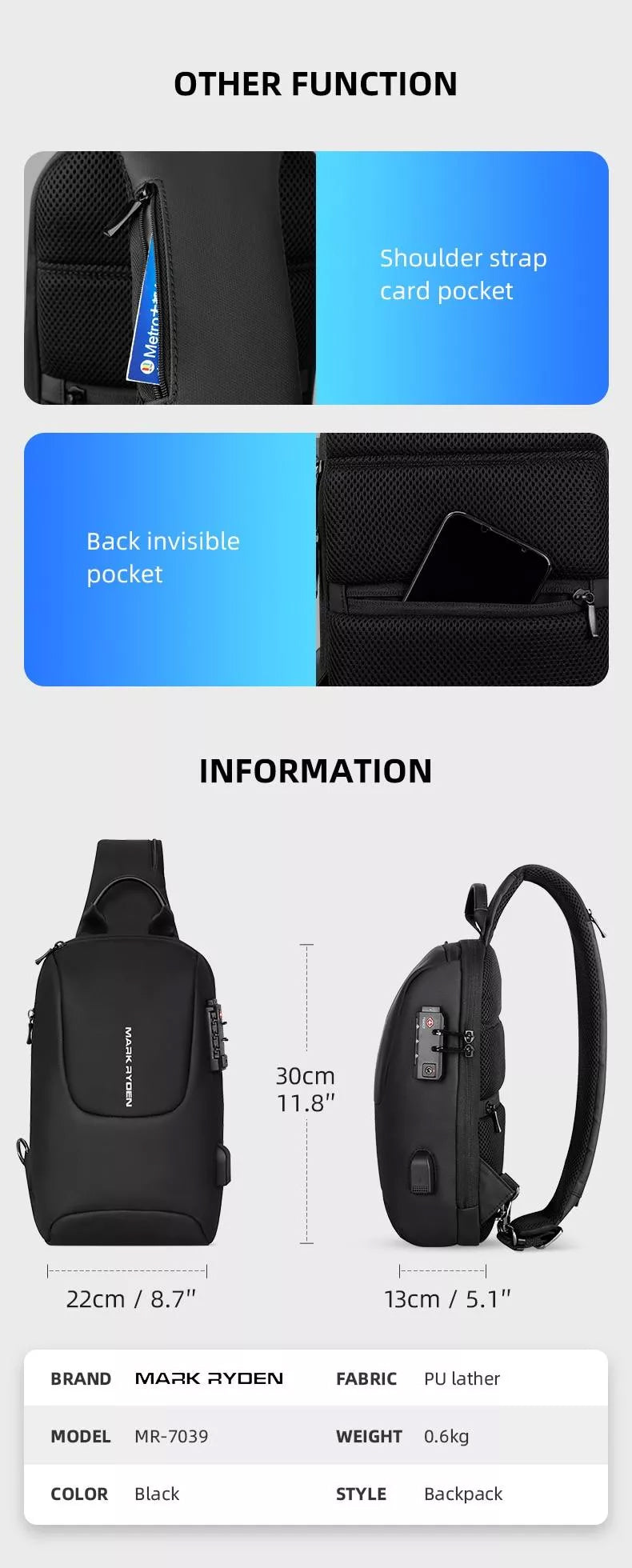 Mark Ryden New Custom Anti-theft School Business Usb Charging Shoulder Bag Men Chest Sling Bag