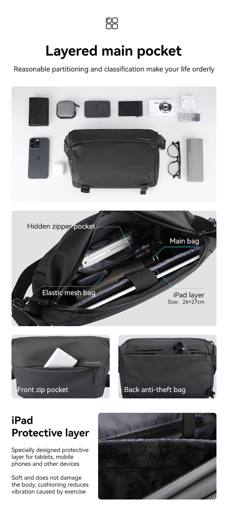 Mark Ryden Factory Wholesale Customised Men's Crossbody Bags Sport Riding Backpack Multifunctional Shoulder Bags