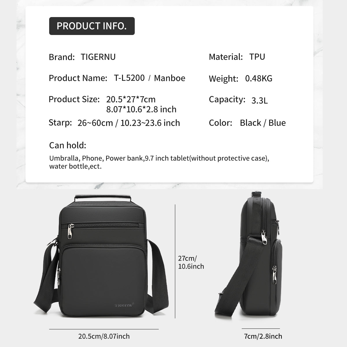 Tigernu Daily 9.6-inch Tablet Computer TPU Shock-absorbing Particles Business Outdoor Sport Travel Men's Crossbody Bag Sling Bag