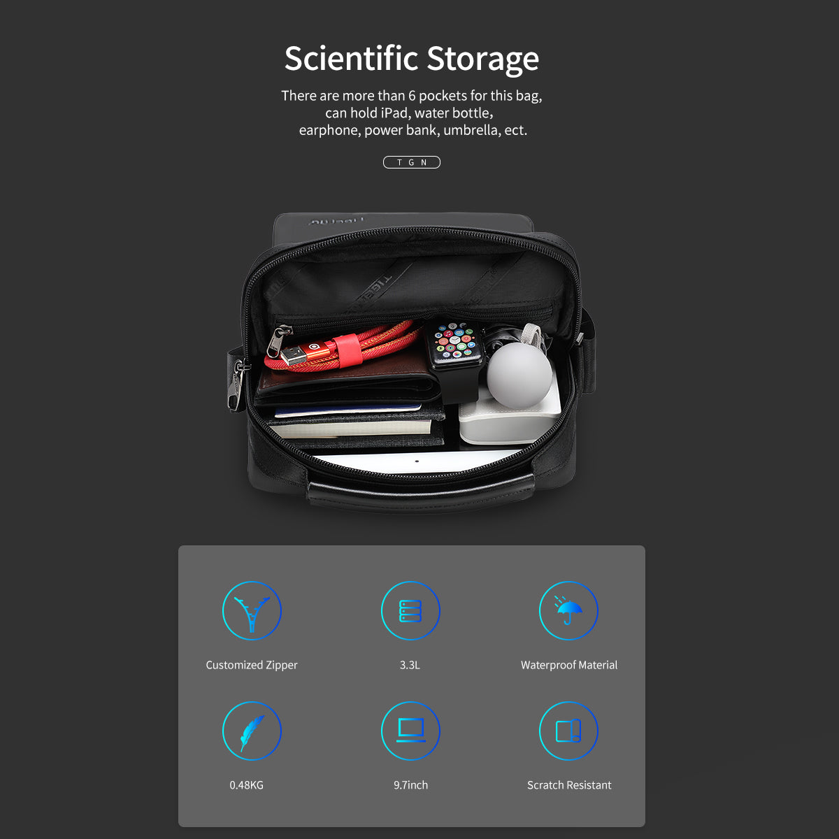 Tigernu Daily 9.6-inch Tablet Computer TPU Shock-absorbing Particles Business Outdoor Sport Travel Men's Crossbody Bag Sling Bag