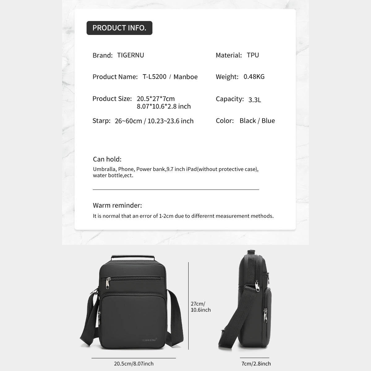 Tigernu Daily 9.6-inch Tablet Computer TPU Shock-absorbing Particles Business Outdoor Sport Travel Men's Crossbody Bag Sling Bag