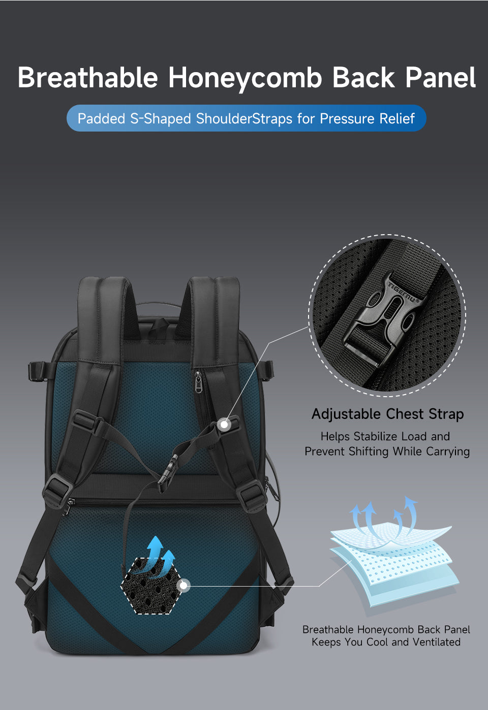 TIGERNU Expansion Layer 17 Inch Breathable Honeycomb Backboard Anti-theft Rainstorm Waterproof Travel Vacuum Backpack