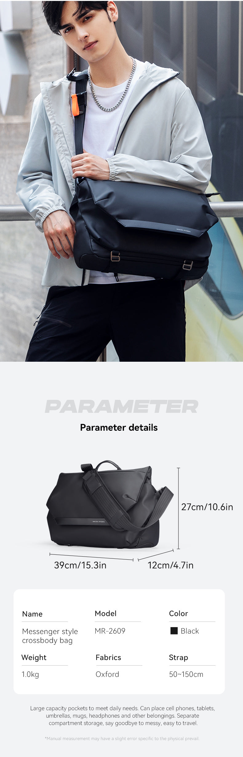 Mark Ryden Oversized Capacity Crossbody Bag Men's Shoulder Bag 12.9 Inch Computer Bag