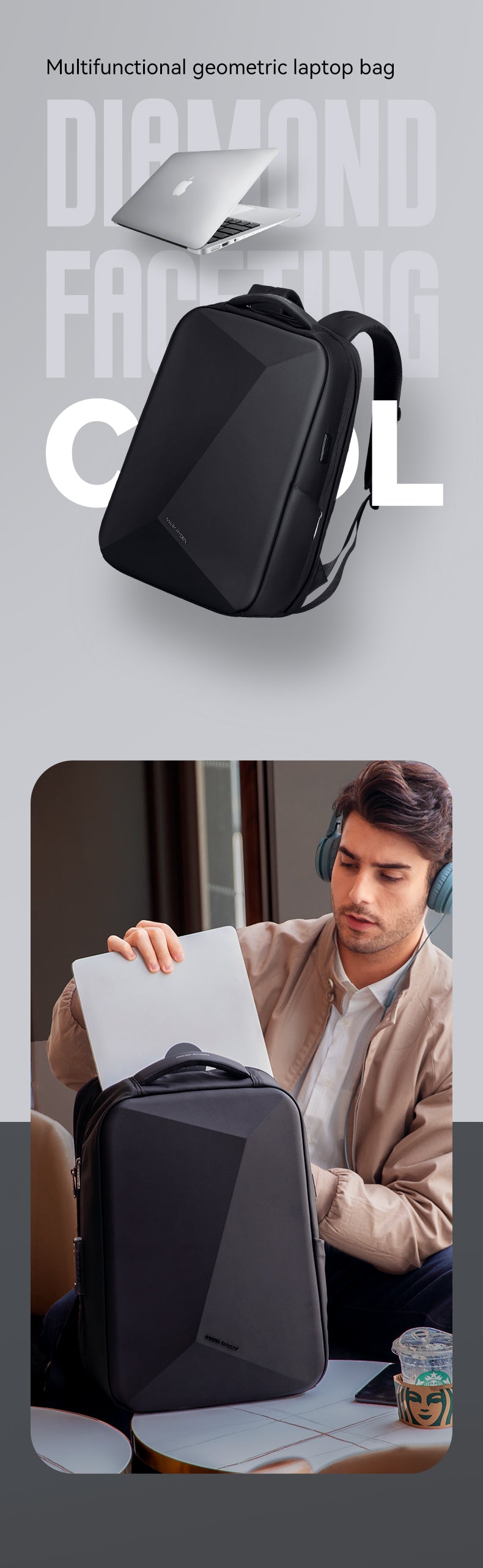 Mark RydenAnti-theft Combination Loc Men's Shoulder Backpack Diamond Cut Fashion Trend Computer Bags for Laptop