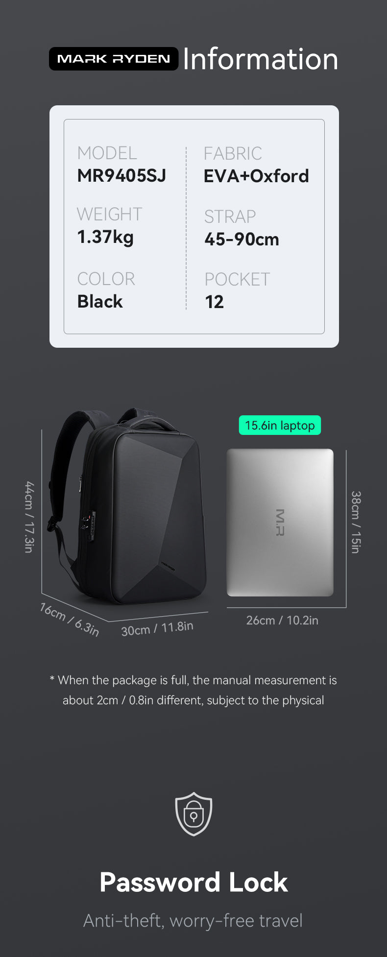 Mark RydenAnti-theft Combination Loc Men's Shoulder Backpack Diamond Cut Fashion Trend Computer Bags for Laptop