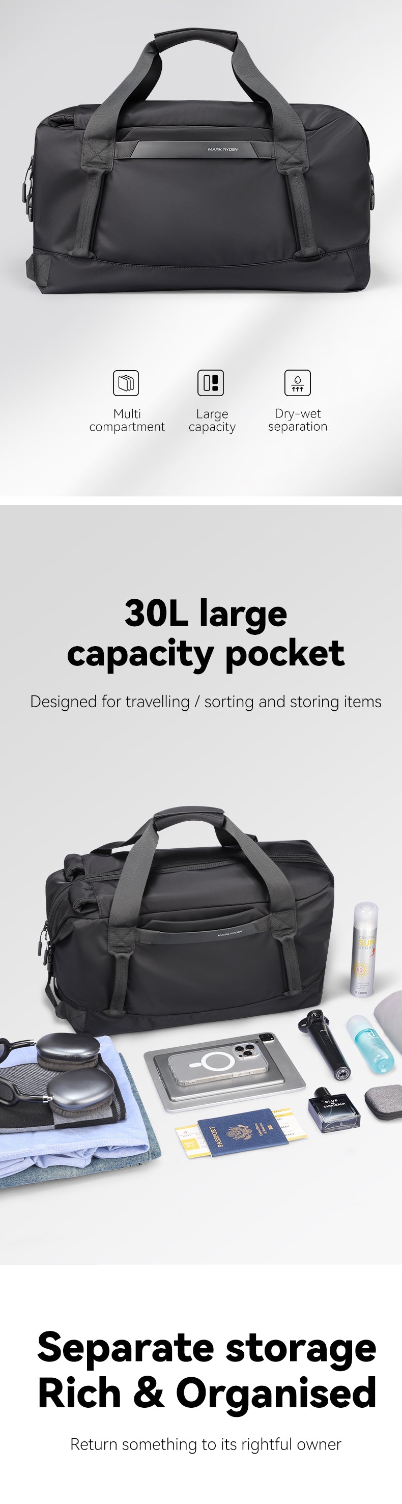 Mark Ryden Waterproof Large Capacity Men's Luggage Travel Bags Sports Gym Bags Travel Handbags