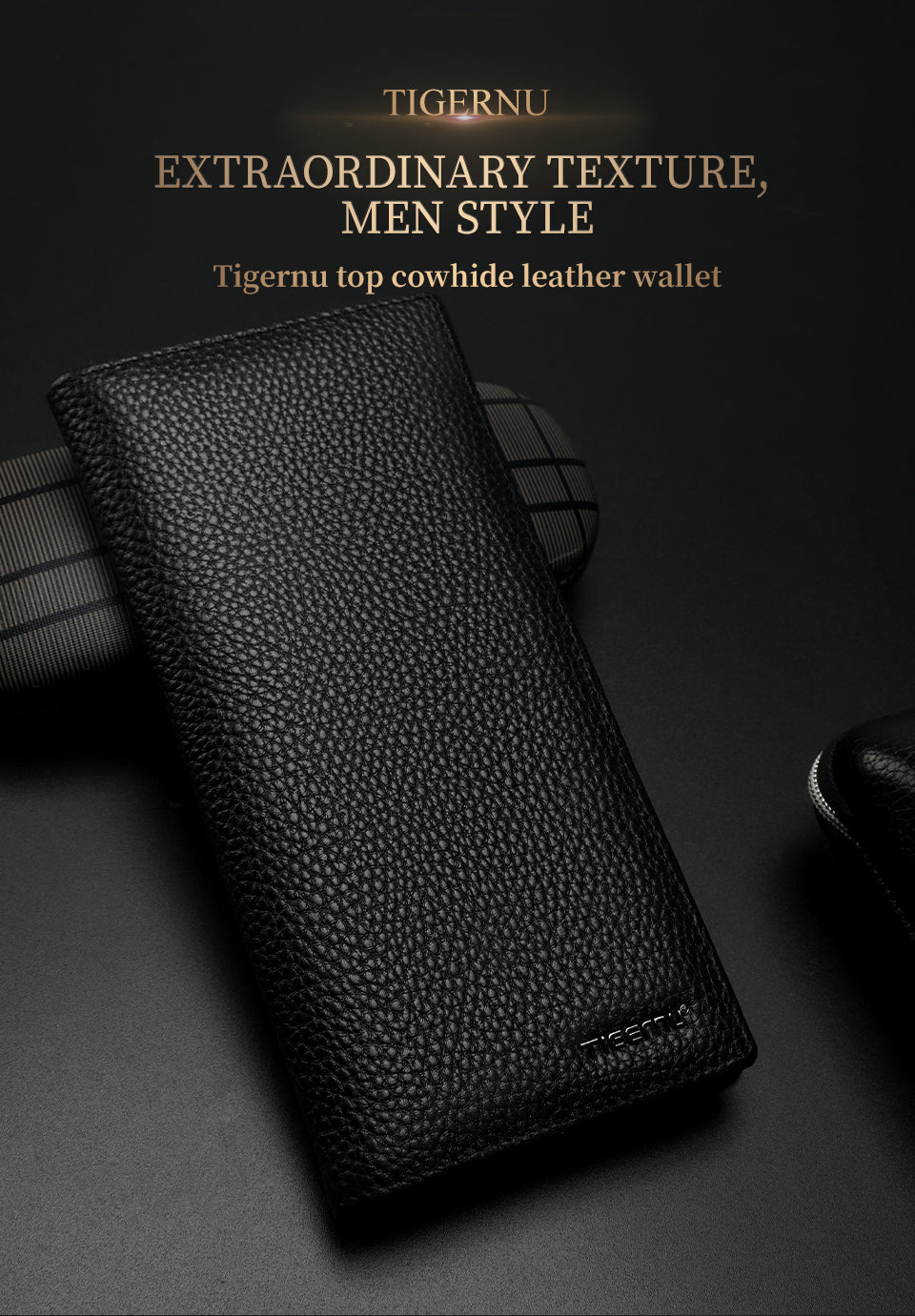 TIGERNU Craftsmanship Design 10 Inch Top Layer Cowhide Durable and Sturdy Classic Style Business Communication Daily Men's Wallet