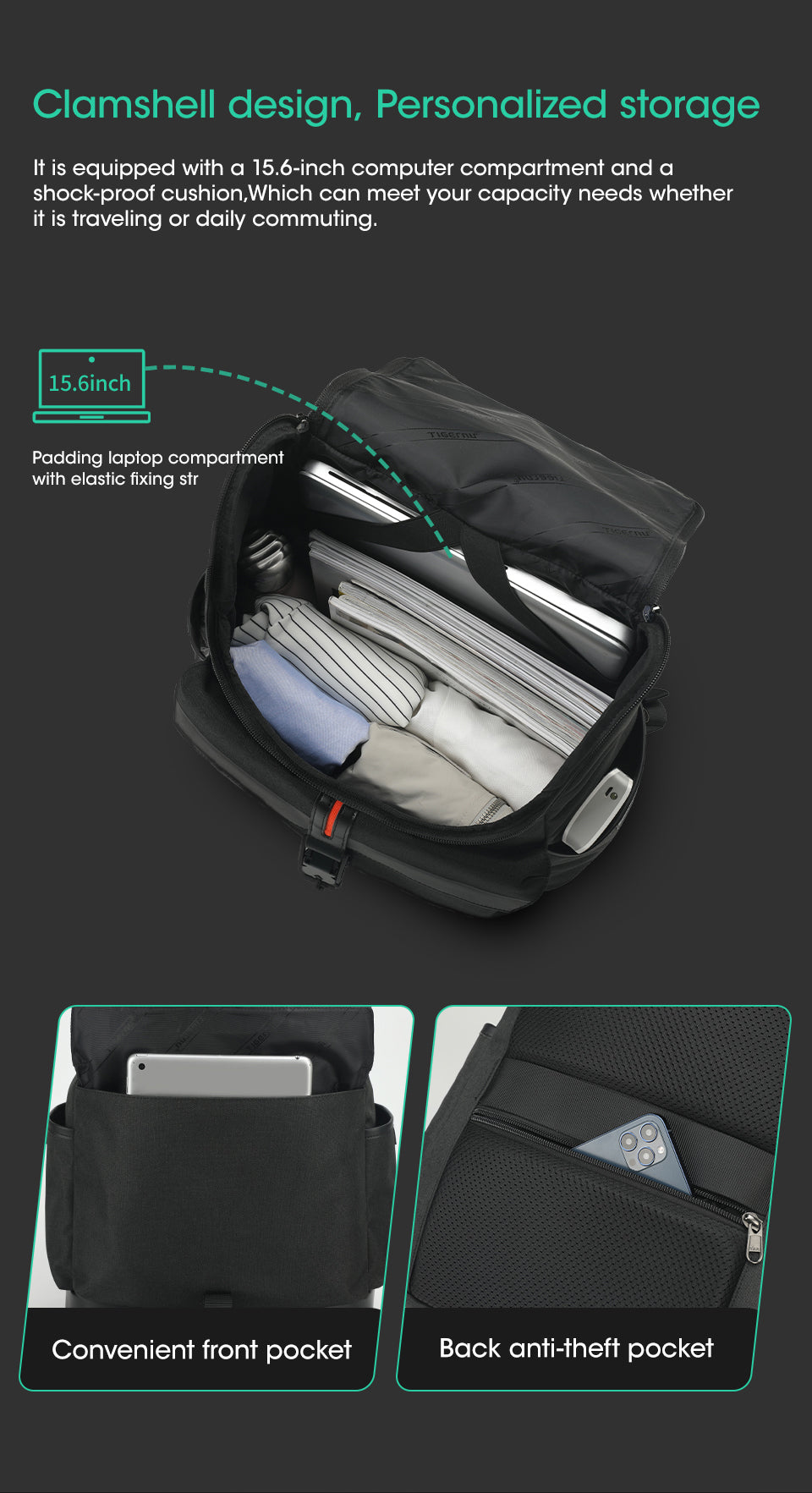 Tigernu 15.6 inch roll top bagpack man multifunctional travel bag for college boys