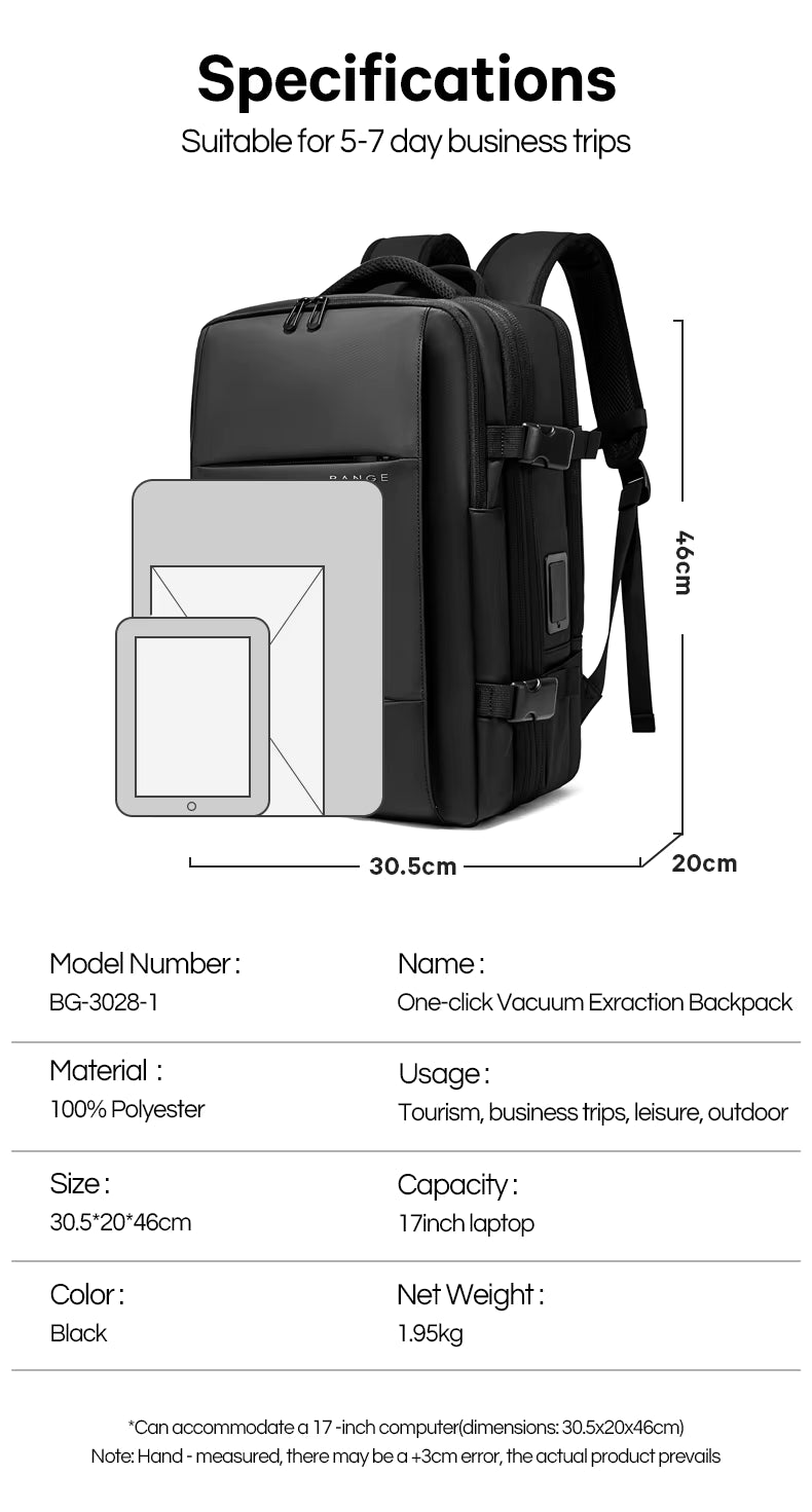 BANGE New Arrival Carry on 40L Expandable Built-in Vacuum Compression Pump Men Waterproof Travel Vacuum Compression Backpack
