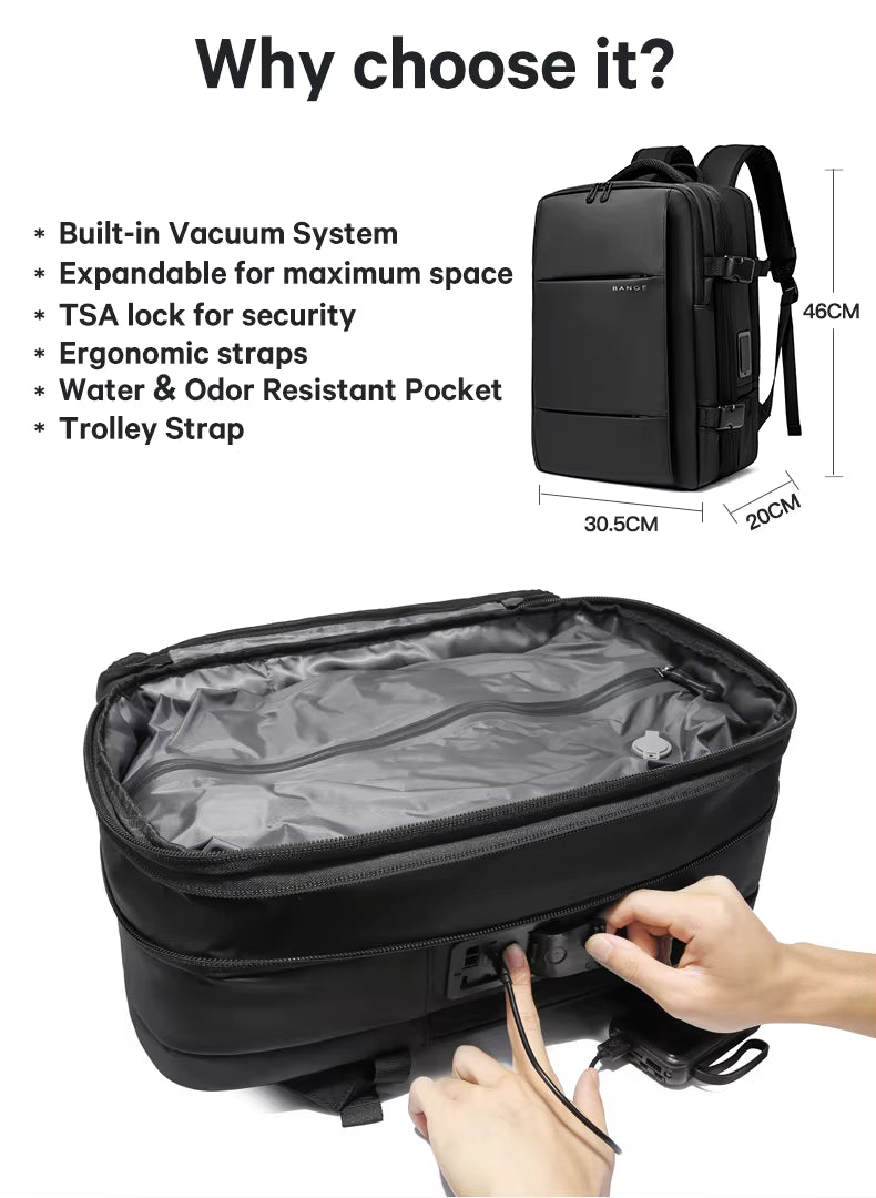 BANGE New Arrival Carry on 40L Expandable Built-in Vacuum Compression Pump Men Waterproof Travel Vacuum Compression Backpack