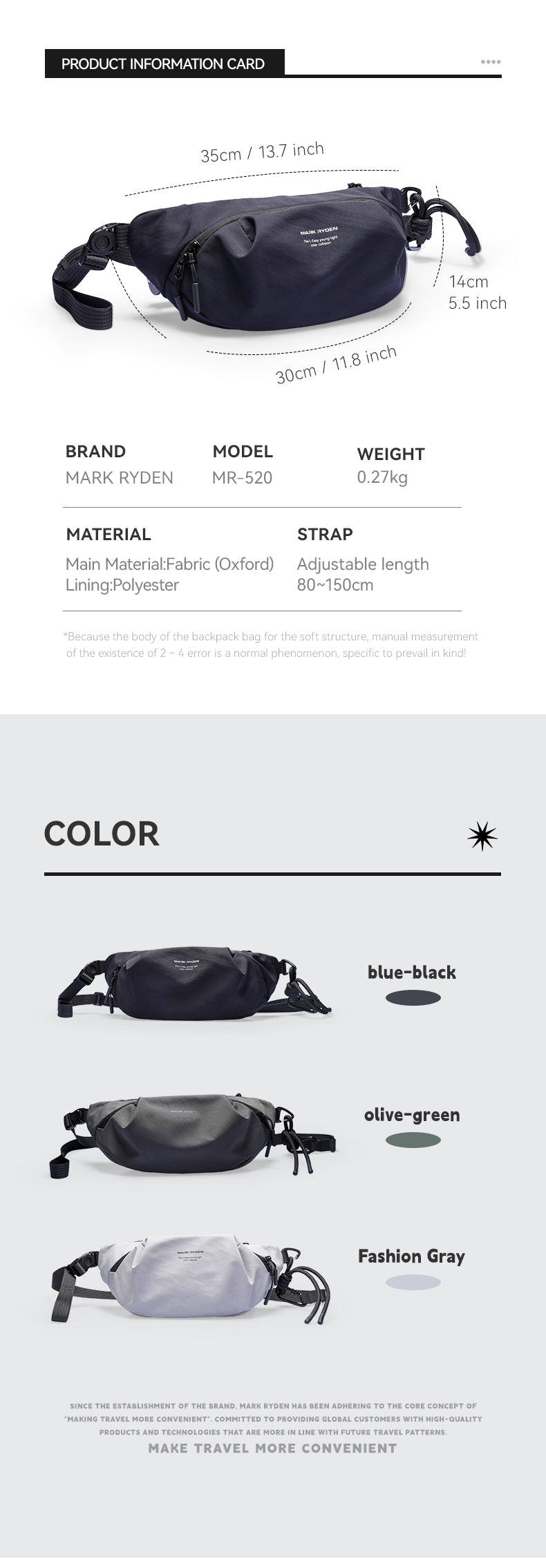 Mark Ryden Factory Direct Wholesale Sports Waist Bag Men's Crossbody Bag Multifunctional Shoulder Bag