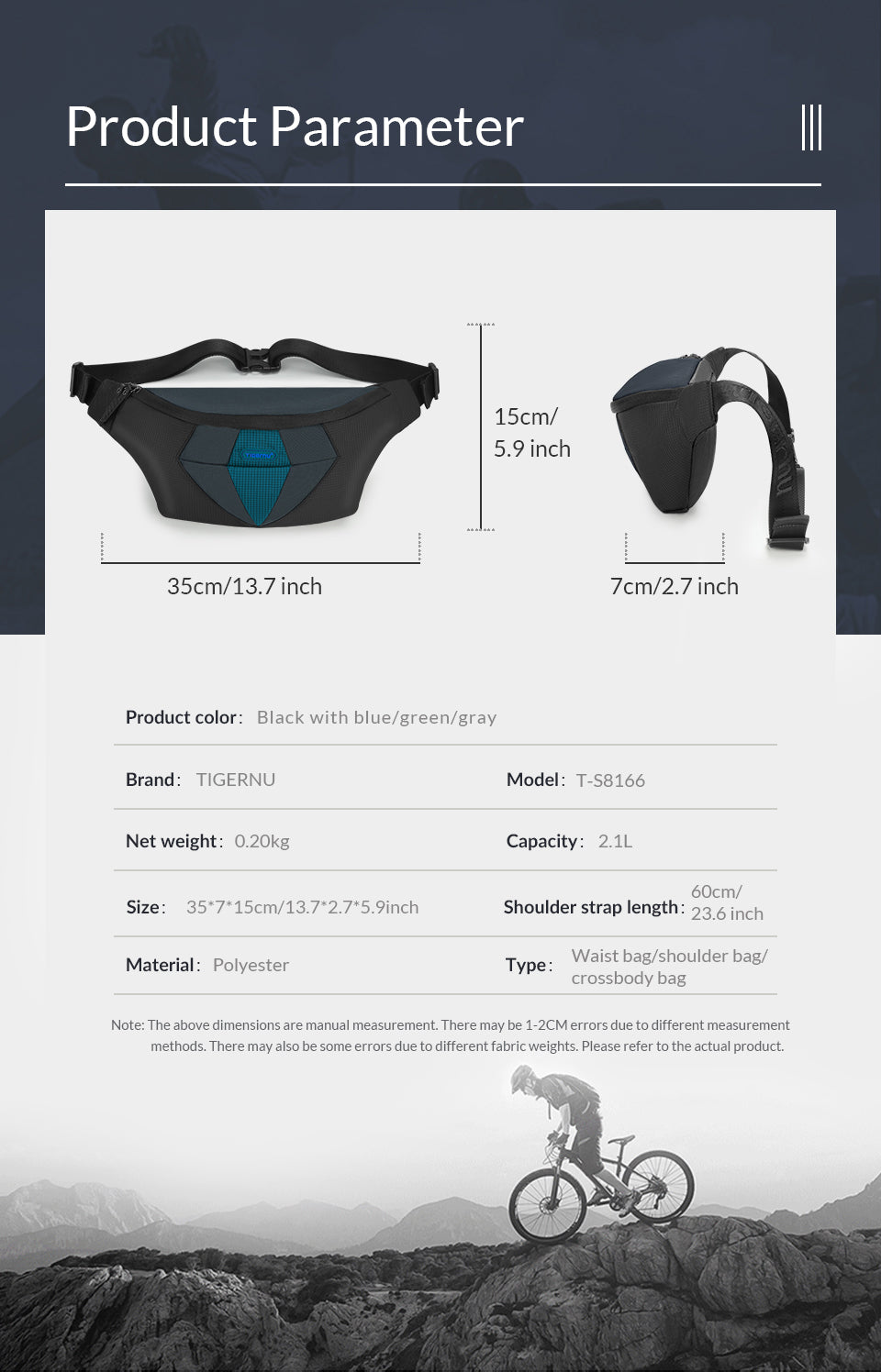 TIGERNU Lightweight and Breathable 7.5 Inch Flat Nylon Large Capacity Durable Waterproof Outdoor Leisure Men's Crossbody Bag Sling Bag